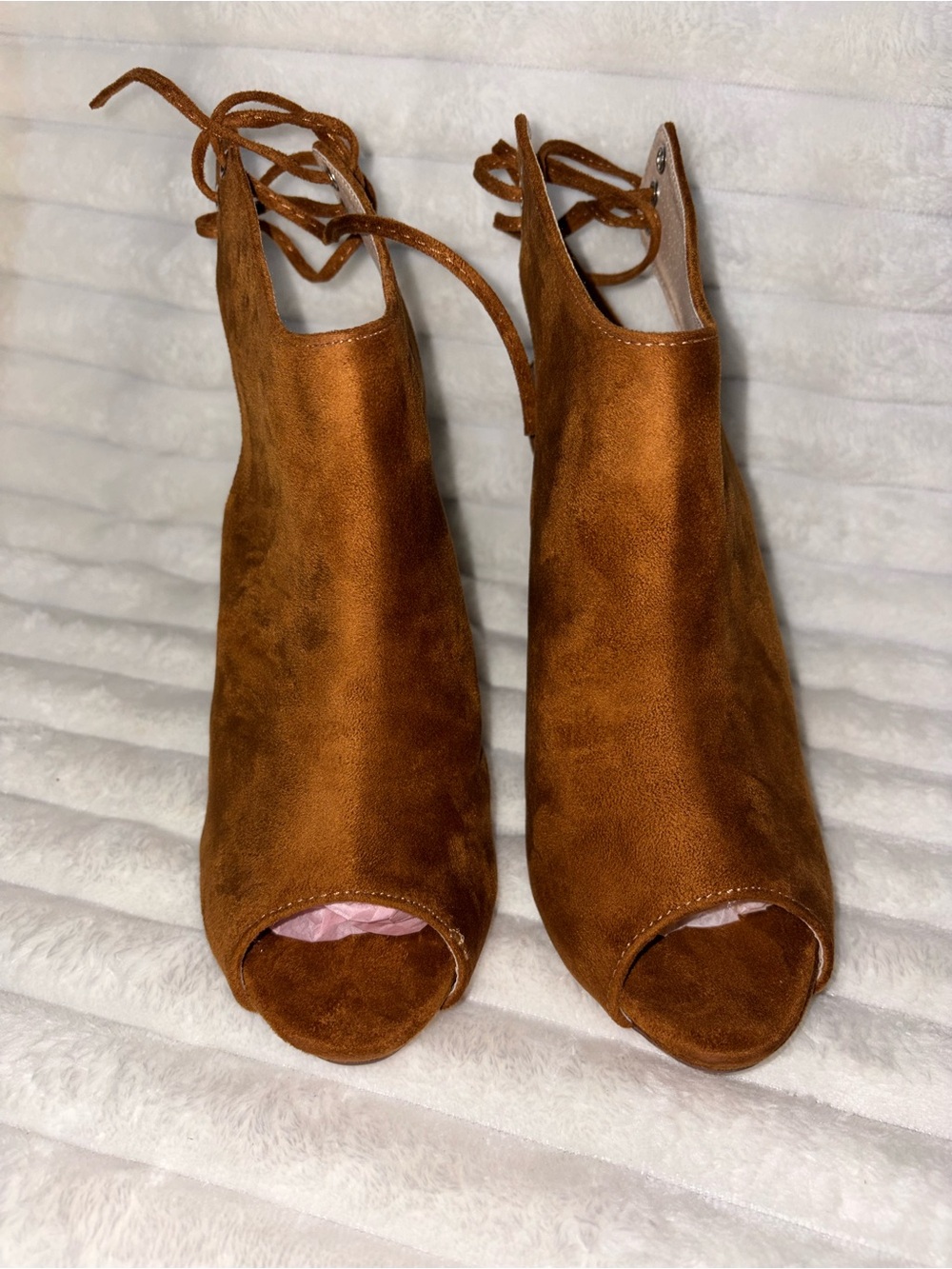 Chase + Chloe Tan Suede Peep-Toe Lace-Up Heels 8M